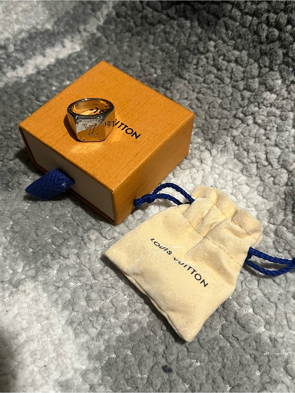 Louis Vuitton Silver LV Monogram Signet Ring with Orange Box
